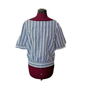 Halogen Top Women S Blue White Striped Boat Neck Boxy Banded Hem Casual